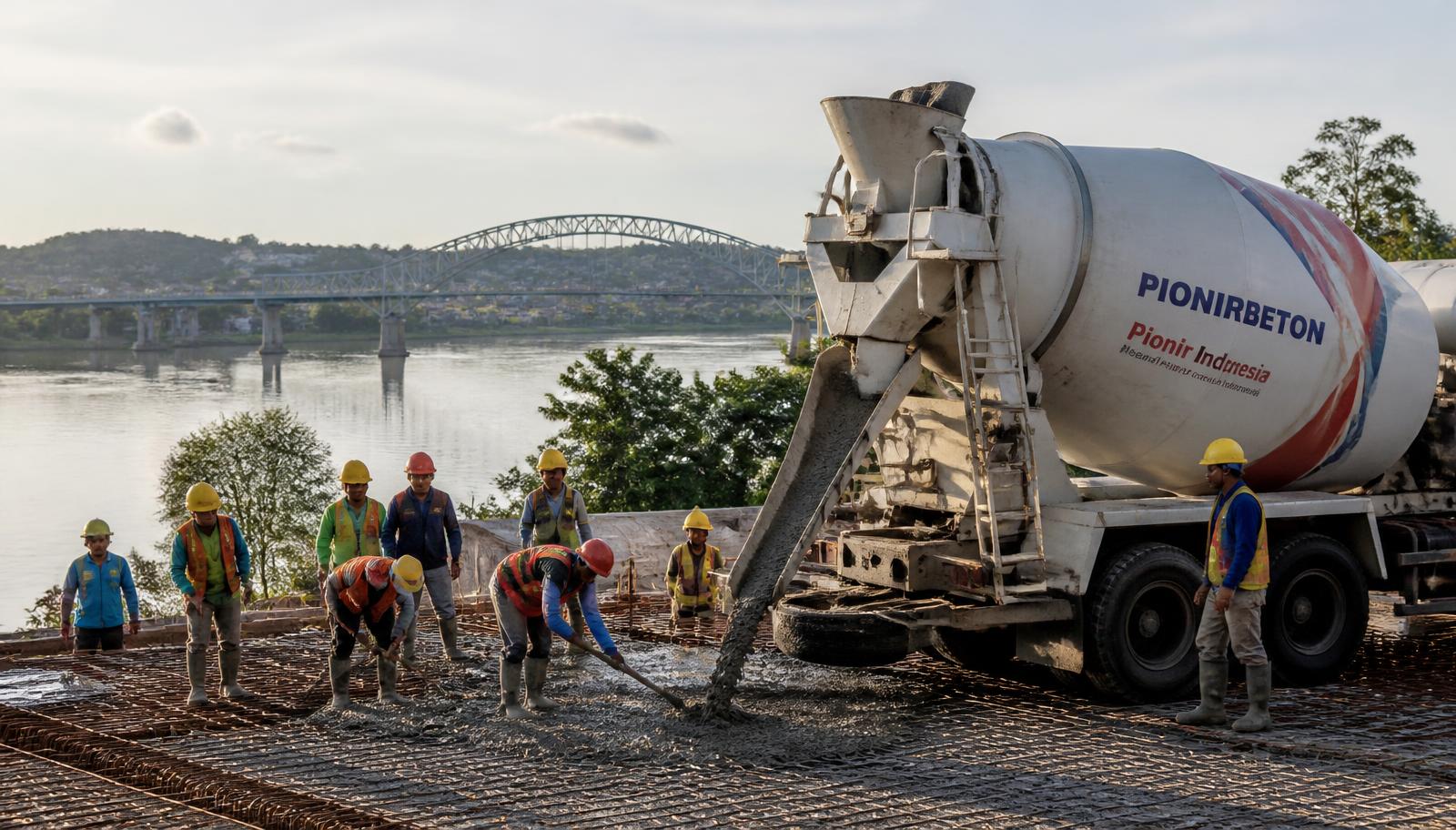 Truck mixer PT Samarinda Readymix menuang beton readymix pada pengecoran plat lantai di tepi Sungai Mahakam Samarinda
